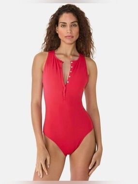 Andie Malibu Classic Half Snap Front One Piece Swimsuit in Cherry Red Size Large